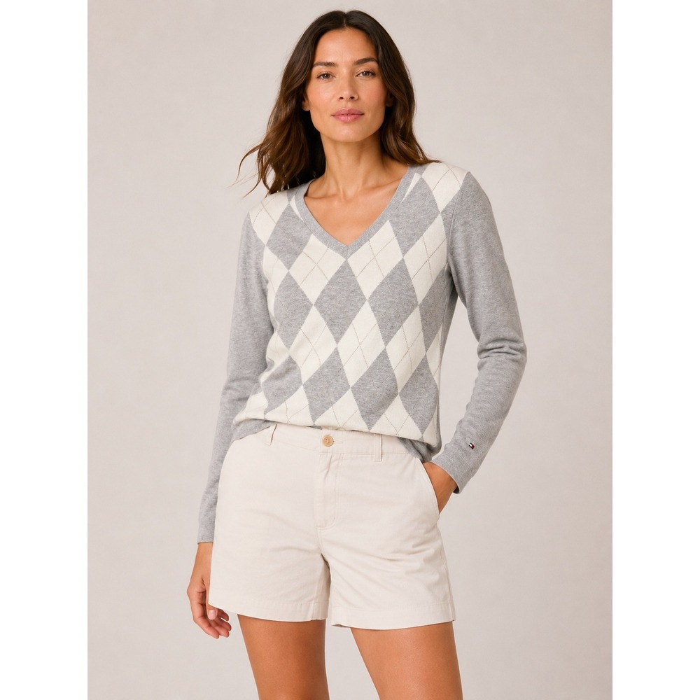 Tommy Hilfiger Womens Argyle V-Neck Sweater Size S Grey White Preppy Metallic